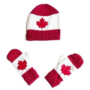 Maple Leaf Canadian Themed Beanie Hat  Mittens Gloves Set (105)